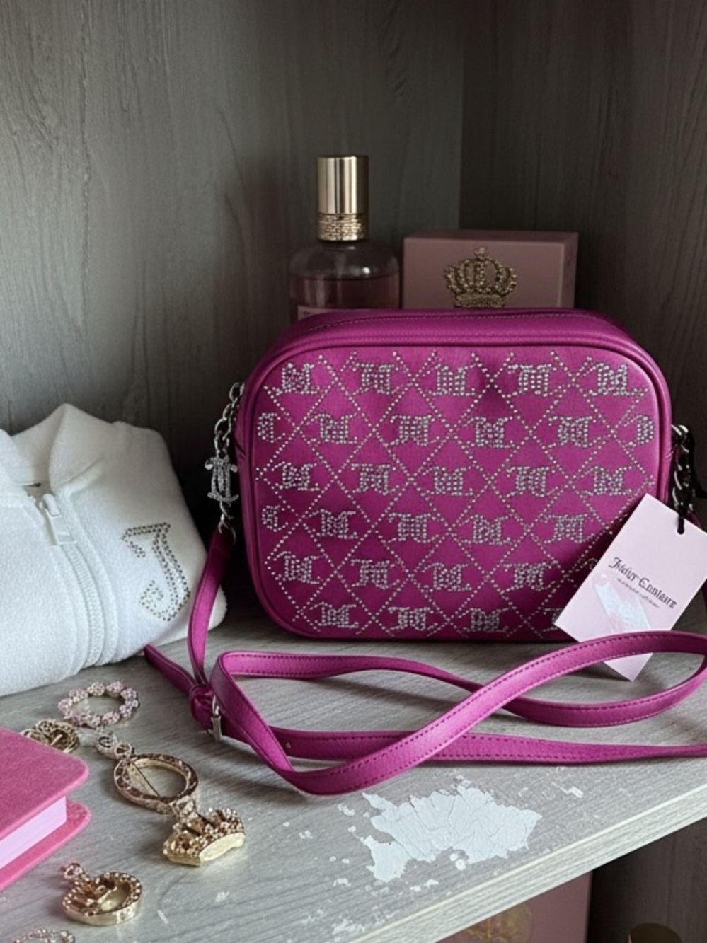 Juicy Couture Crystal Crush Camera Crossbody Bag- Rhinestone Detail- Raspberry